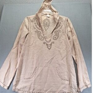 Monoreno 100% Linen Light Hoodie Top Embroided Beige Womens‎ Size Medium
